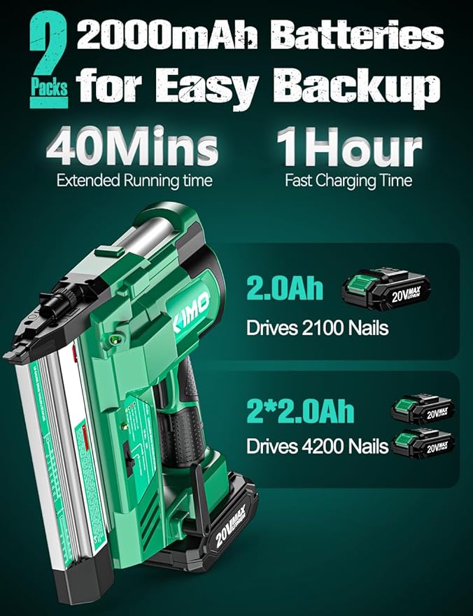 KIMO 18 Gauge Nail Gun Cordless with Battery 2.0Ah X 2, 1000pcs Nails and Staples, 2 Firing Modes, 180 Nails/min, Adjustable Nailing Depth, 2 in 1 Cordless Brad Nailer and Stapler for DIY Project
