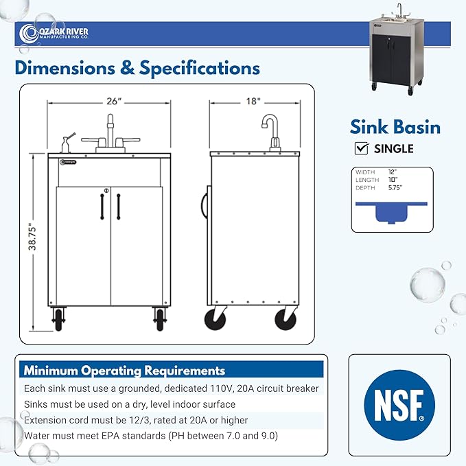 Ozark River Portable Sinks Elite LS1, Free Standing Portable Concession Sink, Commercial Restaurant Portable Sink with Hot Water, Stainless Food Service Sink, Black Doors-Black Edges