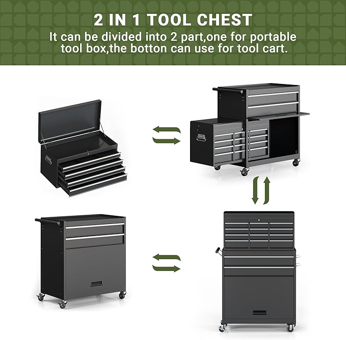 Tool Chest, 8-Drawer Rolling Tool Storage Cabinet with Enhanced Packaging, Detachable Top Tool Box, Metal Tool Cart with Hooks and Liners, for Garage, Workshop, Black