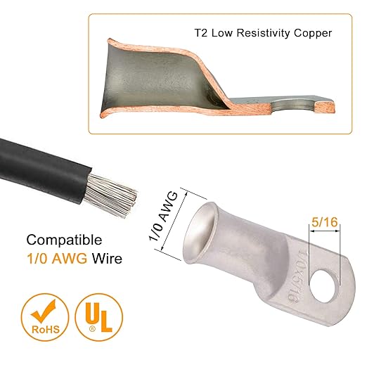 Tinned Copper 0 Gauge Battery Cable Ends 1/0 AWG 3/8" & 1/0 AWG 5/16" Ring Terminals Battery Lugs 0 AWG Bare Copper Lugs Kit 12 PCS 0 Gauge Wire Lugs +12PCS 3:1 Heat Shrinks + Hex Nuts + Flat Washers