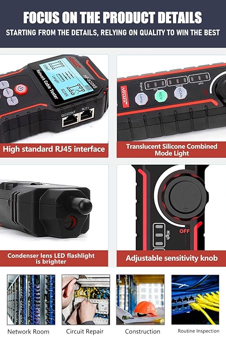 NF-8209S Network Cable Tester, RJ45 Ethernet Tester for POE/Cat5/Cat7/Cat6a/Cat6/Cat5e, Wire Mapper, Length, Open/Short, Wire Fault Locator, Ethernet LAN Network Toner Tool