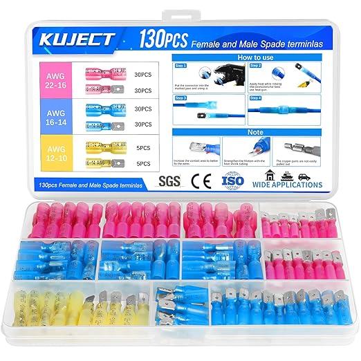 Kuject 130PCS Heat Shrink Wire Connectors, 22-10 AWG Electrical Insulated Male Female Wire Spade Terminals, Quick Disconnect Waterproof Crimp Butt Terminals for Automotive Marine Boat Truck