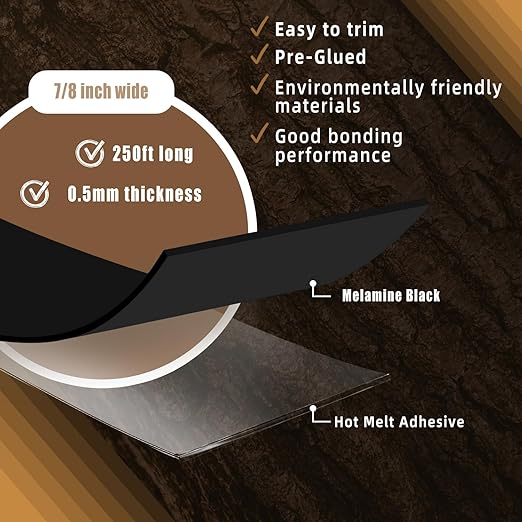 GSCIT Club Black Edge Banding, 7/8 inch x 250ft Melamine Edge Banding with Hot Melt Adhesive Preglued Cabinet Edge Banding Flexible Black Veneer Edging