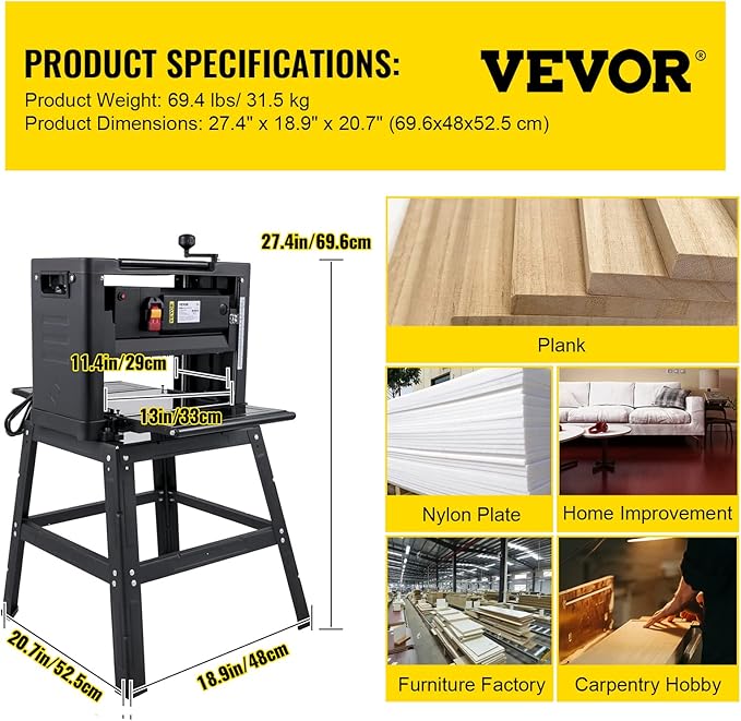 VEVOR Thickness Planer - 13-Inch Benchtop Wood Planer, 2000W, 8000 rpm, 15 AMP, Foldable, 6m/min Planing Speed, Iron Stand, Dust Exhaust for Woodworking