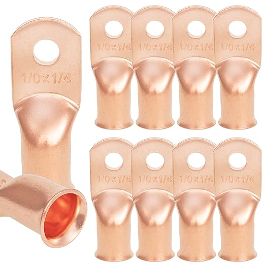 10PCS 1/0AWG -1/4''Stud Heavy Duty Copper Terminals,Battery Cable Crimp Lugs,Battery Cable Ends,Bare Copper Eyelets Tubular Ring Terminals,Closed End Crimp Electric Connectors