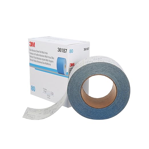 3M Hookit Blue Abrasive Sheet Roll, 36187, Multi-Hole, 2.75 in x 13 yd, 80+ Grade, Automotive Sanding Roll Sandpaper for Coating Removal, Body Repair, Auto Sanding