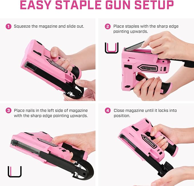 Pink Cordless Staple Gun, 2-in-1 Nail Gun Battery Powered with 2600Pcs Staples and Nails, 4V Brad Nailer Tacker Electric Stapler for Upholstery, Material Repair, Carpentry, Wood, DIY