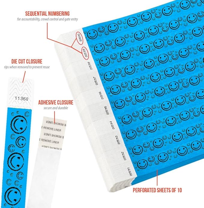 500 WristCo Neon Blue Smiley Face Tyvek Wristbands for Events - ¾” x 10” - Waterproof Recyclable Comfortable Tear Resistant Paper Bracelets Wrist Bands for Concerts Festivals Admission Party