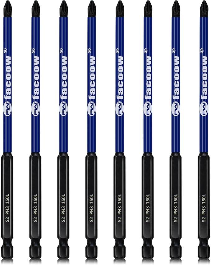 8 Pack Phillips Impact Driver Bits, #3 Phillips Head Magnetic Screwdriver Bits Set, 6 Inch S2 Alloy Steel Impact Bits, 1/4" Hex Shank Screwdriver Drill Bit, CNC Machined ph3 Impact Drill Bits