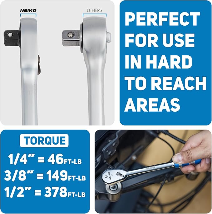 NEIKO 03006A Flat Head Ratchet Set - 3 Piece Low Profile 1/4, 3/8, 1/2 Inch Drive, 90 Teeth, Anodized Textured Grip Handle, Long Handle, Sealed Head, Cr-Mo