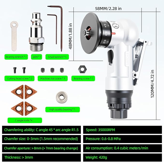 Pneumatic Chamfering Tool Handheld, Mini Air-Powered Chamfering Machine with 4 C-Blades (2 Pre-Installed), 45° Right-Angle Trimming, 1/4 Inch Air Inlet for Metal, Wood Beveling & Deburring