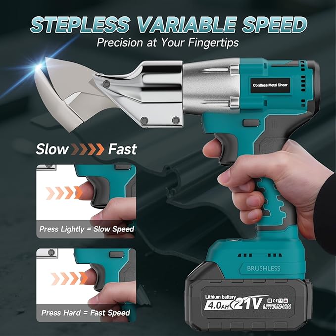 Cordless Sheet Metal Cutter, Metal Cutting Shears with 2×4.0Ah Battery, 360° Pivoting Head Brushless Variable Speed Electric Metal Shears Tool for Cutting Stainless Steel & Iron & Cardboard