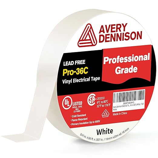 Avery Dennison Electrical Tape, Professional Grade PVC Electric Tape, UL/CSA Listed Insulating Vinyl Tape for Electrical, Repairs, Automotive and Equipment, Pro-36C, ¾ in x 66 ft, White, 1 Roll