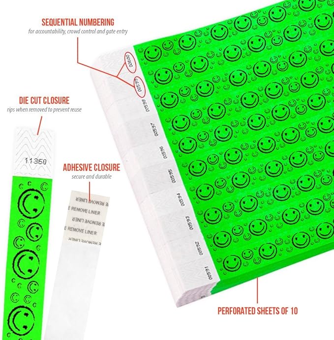 500 WristCo Neon Green Smiley Face Tyvek Wristbands for Events - ¾” x 10” - Waterproof Recyclable Comfortable Tear Resistant Paper Bracelets Wrist Bands for Concerts Festivals Admission Party