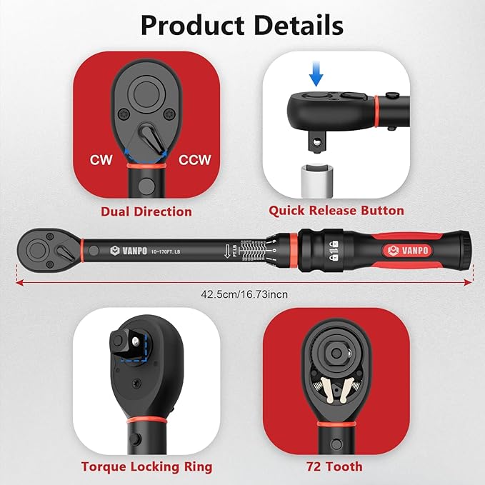 Torque Wrench 1/2-Inch Drive, 10-170.0ft.lb/13.60-230.5Nm,72 Tooth, TRP+ABS Plastic Handle, Click Torque Wrench with 1/2" to 3/8" Adapter & 125mm Extension Bar for Moto, Automotive Maintenance