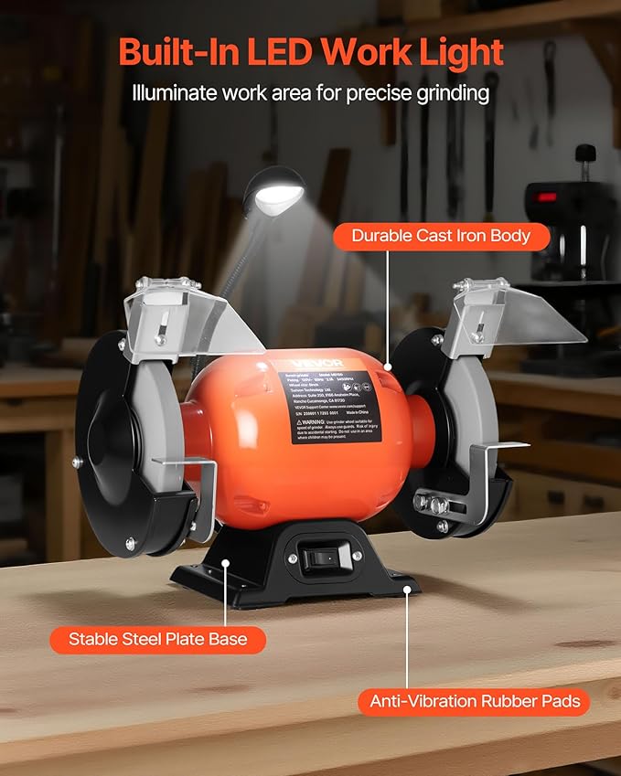 VEVOR Bench Grinder, 6-inch Single Speed Bench Grinder, 3450RPM High-Speed Table Grinders with 250W 2.1A Induction Motor, 36/60-Grit Grinding Wheels & LED Work Light for Fast Sharpening Grinding