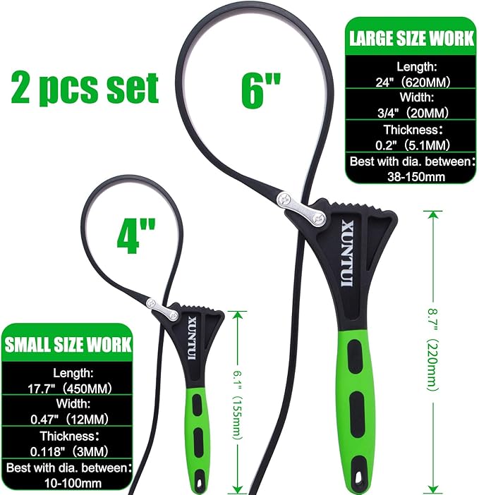 Strap Wrench Set with 6 Silicone straps - 2 Pack (4" & 6") for Oil Filters, Shower Heads & Tight Spaces - Plumbing Belt Wrench Kit