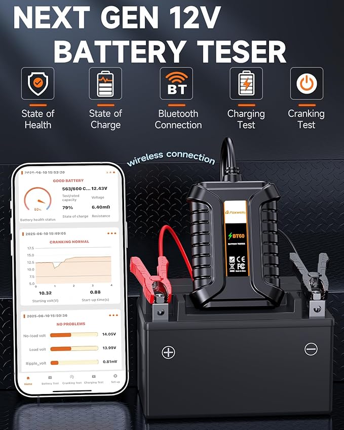 FOXWELL BT60 Car Battery Tester, 12V Bluetooth Load Tester, Cranking Charging System Analyzer Fit for Android/iPhone, 100-2000CCA Alternator Tester for Car, Motorcycle, SUV, Pickup Truck, RV & Marine