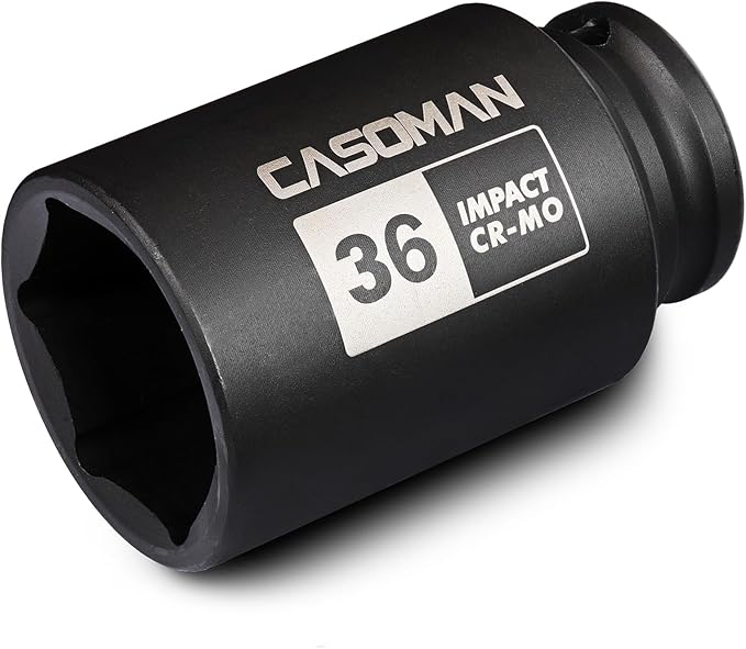 CASOMAN 1/2" Drive x 36 mm Deep 6 PT Impact Socket, CR-MO, 1/2-inch Drive 6 Point Axle Nut Socket for Easy Removal of Axle Shaft Nuts (36MM)
