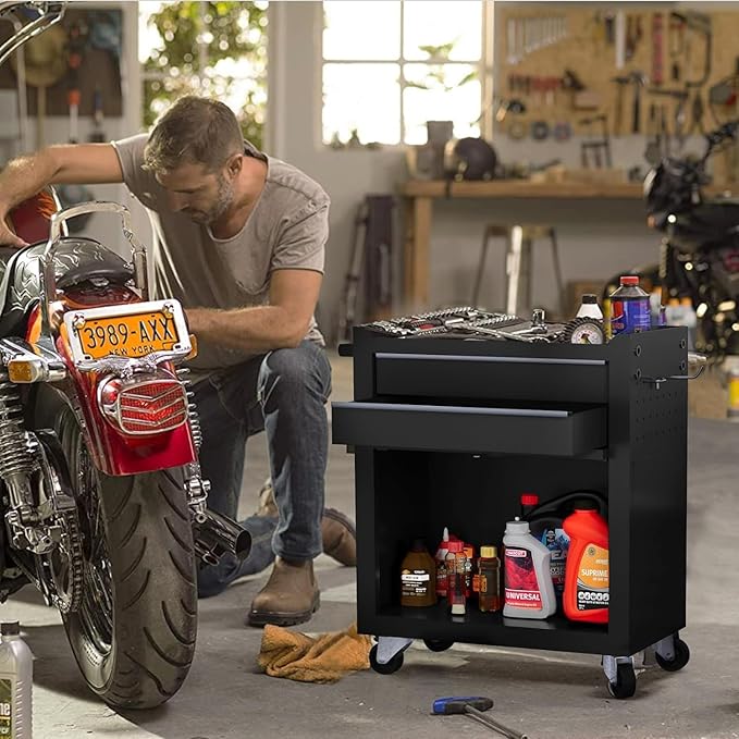 8-Drawer Rolling Tool Chest with Wheels - High Capacity Tool Cabinet with Detachable Top Toolbox for Garage and Workshop Organization - Metal Tool Cart with Liner & 6 Hooks, Black