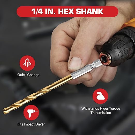13PC 1/4" Titanium Coated Twist Hex Shank Drill Bit Set, 135 Degree Tip HSS Drill Bit Sets, Impact Driver Drill Bits for Wood, Steel, Metal, Plastic with Quick Change Design