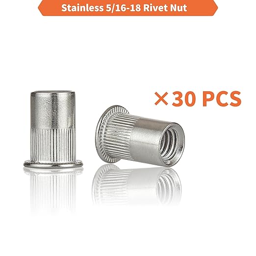 Rivet Nut Installation Tool Set Flat Head Rivnut Threaded Insert Nut Kit SAE & Metric for Metal Heavy Duty Zinc Plated Nutsert (5/16-18(Rivet Nut-30pcs, Stainless))