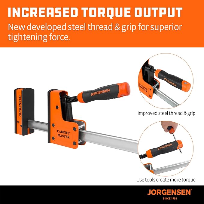 JORGENSEN 12-Inch Parallel Bar Clamp, Heavy-Duty Cabinet Master Clamp for Woodworking Glue-Up, 2200 lbs Force, Quick Release, Spreader Function, 2-Pack