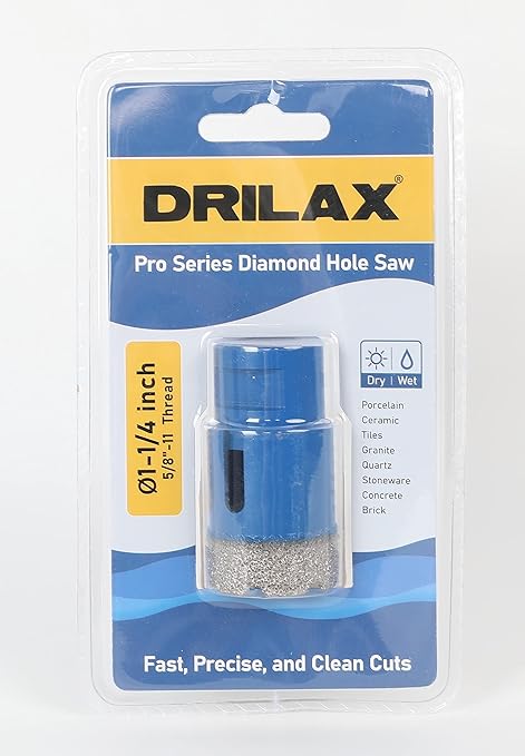 Drilax Pro Series 1-1/4 Inch Diamond Hole Saw for Angle Grinders | 1-3/8" Depth | 5/8"-11 Thread | Ideal for Faucets, RO Filters, Grab Bars & Dry Drilling | Long Life