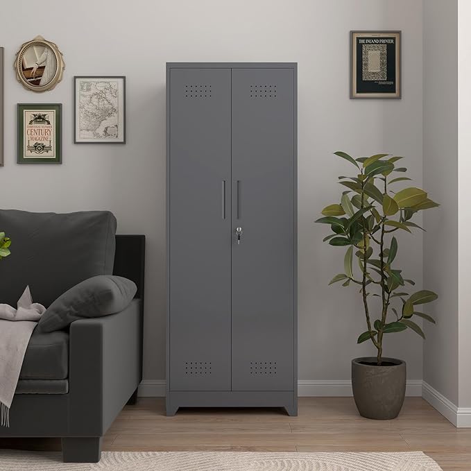 65''H Broom Closet Storage Cabinets, Metal Utility Closet Storage Cabinet, Indoor Cleaning Cabinet with Adjustable Shelves and S-Hooks for Bathroom,Garage