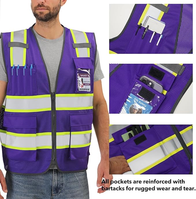 Dib Safety Reflective Mesh Vest High Visibility Two Tone with Pockets and Zipper, Purple Mesh with Yellow Trim S