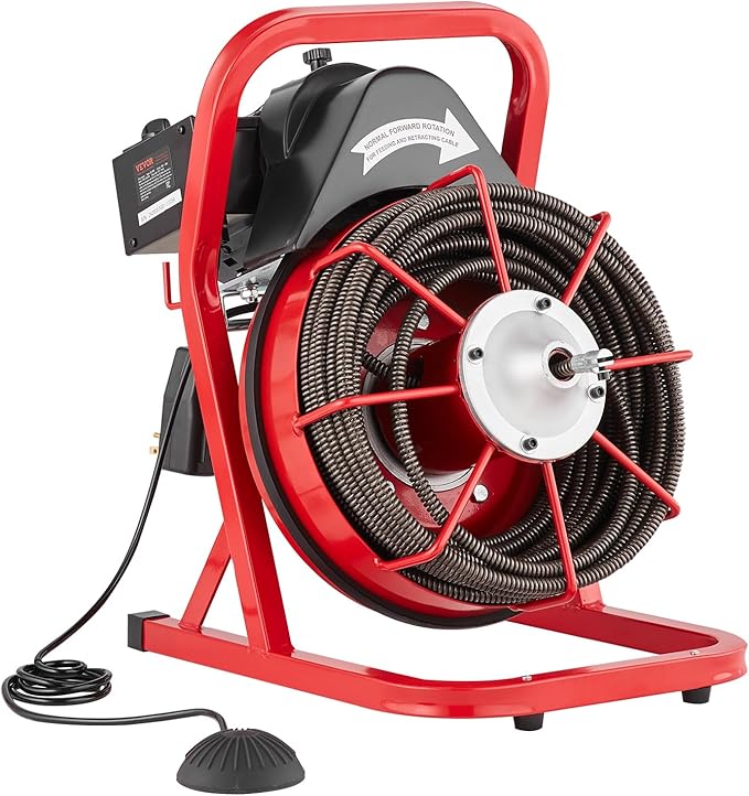 VEVOR Drain Cleaner Machine 75FT x 1/2 Inch, Sewer Snake Auger Manual Feed, 370W Electric Drain Cleaning Machine with 4 Cutters & Air-activated Foot Switch for 2" to 4" Pipes