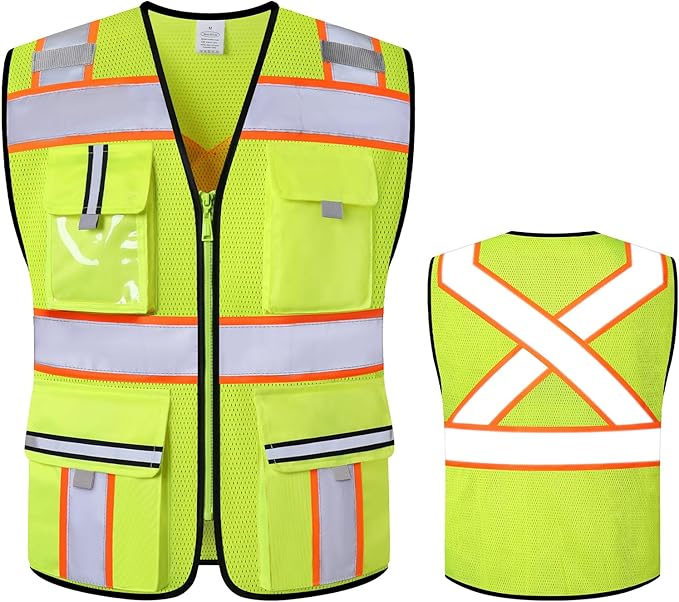 Class 2 Safety Vest with Zipper Front and multiple Pockets, High Visibility Vest, Meets ANSI/ISEA Standards