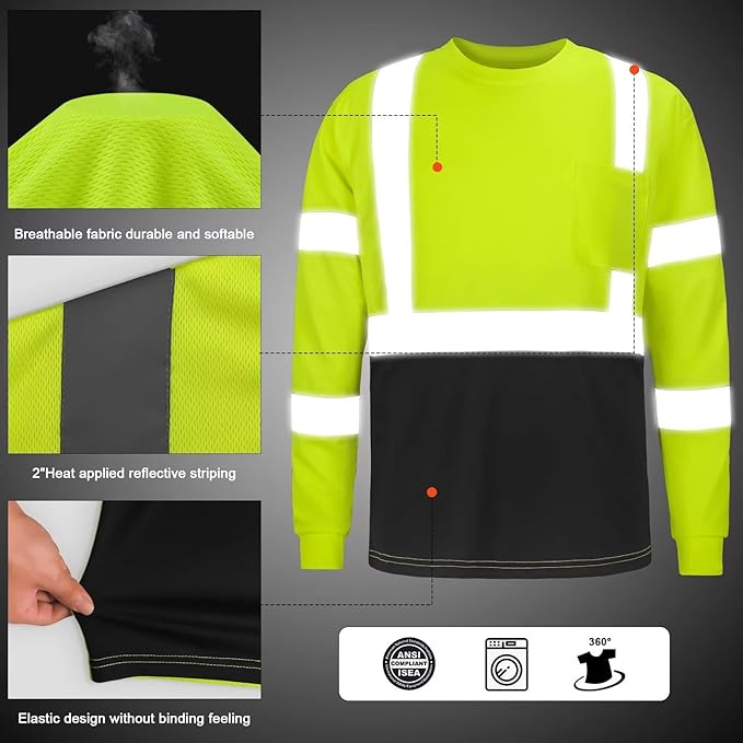 High Visibility Class 3 T Shirts，Hi Vis Safety Shirts with Reflective Strips and Pocket, Long Sleeve Quick Dry Mesh Construction Work Shirt for Men/Women Black Bottom Lime,Medium