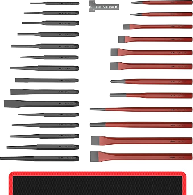 AMM 28 PCS Heavy Duty Punch and Chisel Set, Including Taper Punch, Cold Chisels, Pin Punch and Center Punch, Cr-V, Ideal for Working with Wood, Metal, Automotive, Sculpture, etc