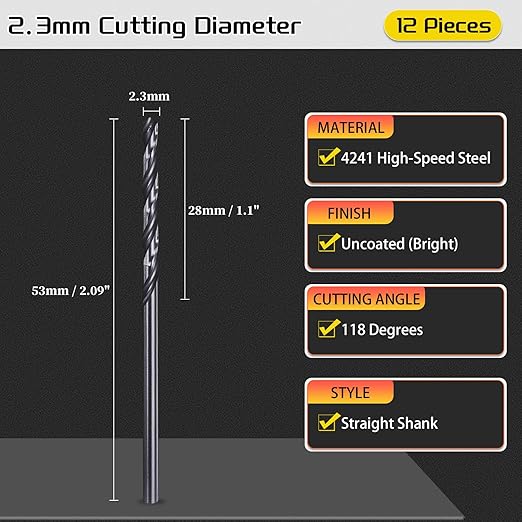 Drill Bit, 2.3mm Cutting Diameter, 4241 HSS Nitriding Black 118° Cutting Angle Versatile Jobber Bits - (Applications: for Drilling Plastic Wood Soft Metal), 12-Pieces