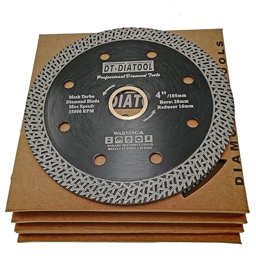 DT-DIATOOL Diamond Granite Blade 4 Inch for Marble Porcelain Tile Ceramic Diamond Cutting Disc with Mesh Turbo Diamond Segments Pack of 5