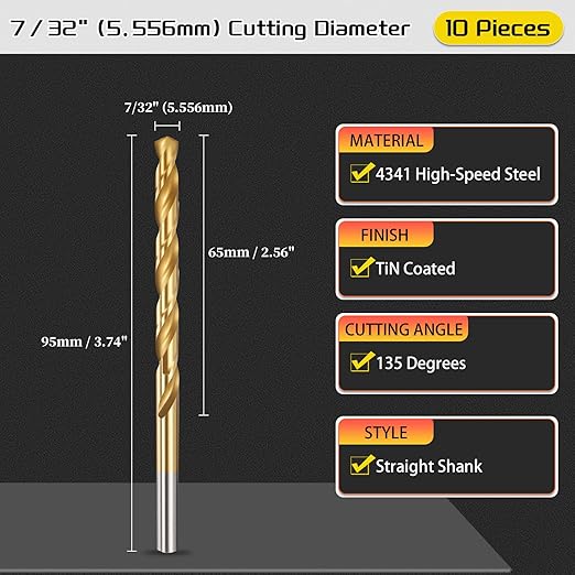 Drill Bit, 7/32" Cutting Diameter, 4341 HSS TiN Coated 135° Cutting Angle Jobber Bits - (Applications: for Drilling Soft Metal Plastic Wood), 10-Pieces