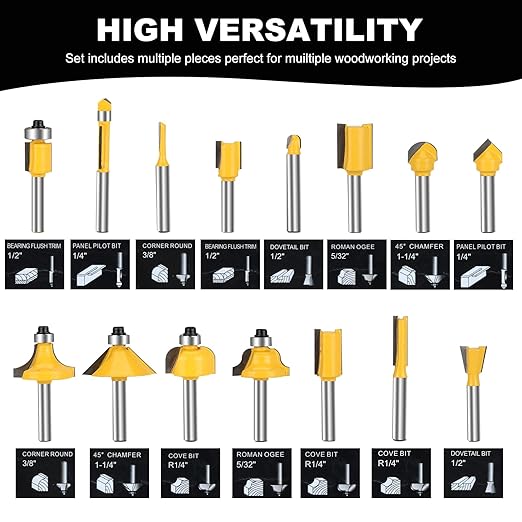 Router Bits Set 1/4 Inch Shank 15 Pieces 1/4 Inch Tungsten Carbide Router Bits Woodwork Tools for Doors,Tables,Shelves,Cabinets,DIY Woodwork