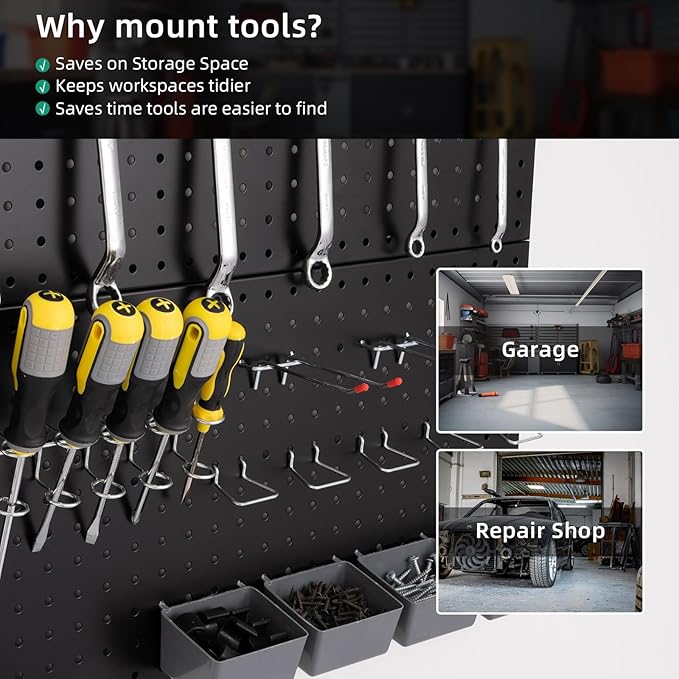 Pegboard Wall Organizer Metal Pegboard Panels Garage Peg Board Tool Organization, 3 Pack 24x12 inch Garage Peg Boards for Wall, Large Steel Black Pegboard Tool Board