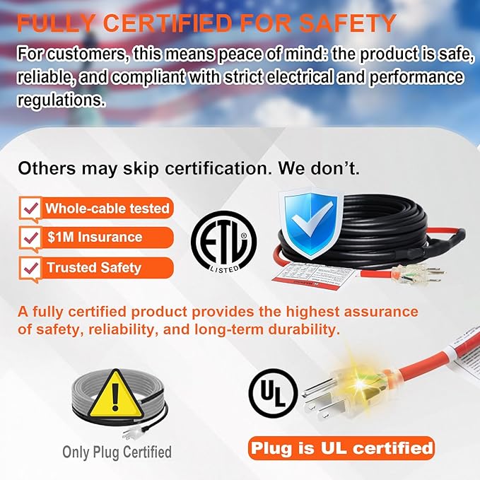 Water Pipe Heat Cable for Pipe Freeze Protection, Self-Regulating Heating Cable for Metal and Plastic Pipes, Energy-Saving Heat Tape for Water Pipes Keeps Water Flowing at -40°F, 60Ft, 120V