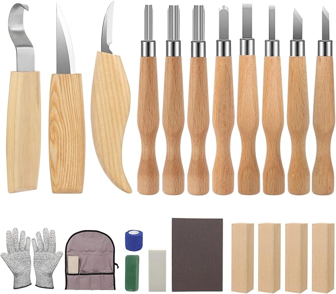 Wood Carving Kit, 22pcs Whittling Kit with Detail Wood Carving Knife Whittling Knife Wood Chisel Knife Gloves Polishing Compound Sharpener for Woodworking Beginners Adults Kids