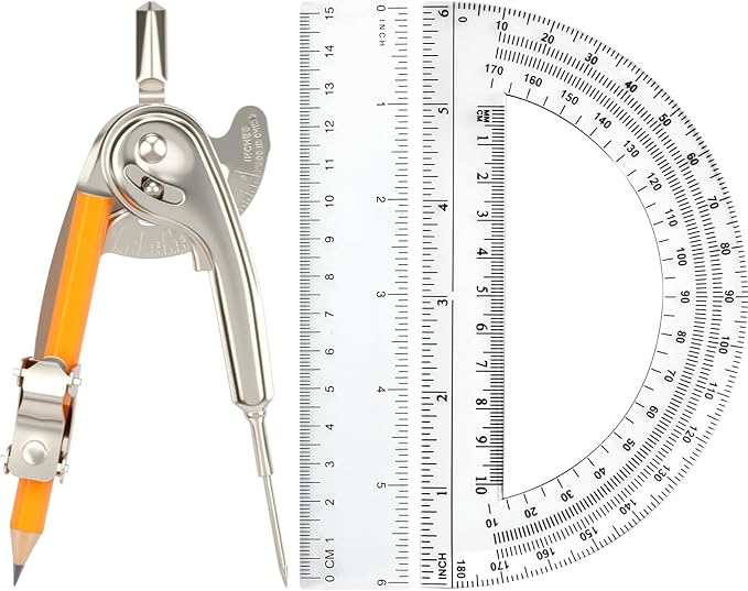 4 Pieces Geometry Math Set Compass for Geometry Math Compass and Protractor Set Include Metal Compass with Pencil Plastic Ruler and Protractor for Student School Office Woodworking Drawing Tools