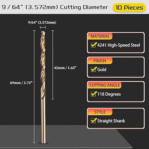 Drill Bit, 9/64" Cutting Diameter (3.572mm), 4241 HSS Gold 118° Cutting Angle Versatile Jobber Bits - (Applications: for Drilling Plastic Wood Soft Thin Metal), 10-Pieces