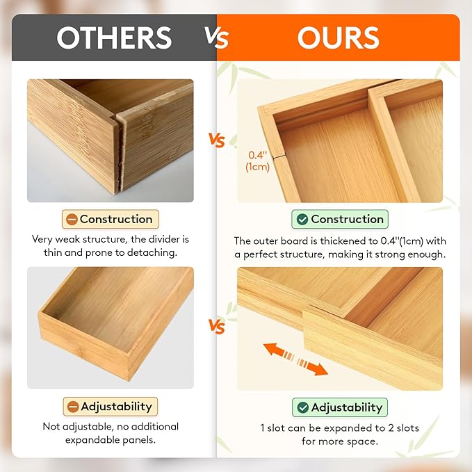 Lifewit Utensil Drawer Organizer, Expendable Cooking Silverware Tray for Kitchen Drawer, Bamboo Adjustable Cutlery Flatware Holder, Spatula Tools and Gadgets Storage Divider, 3 Compartments, Natural