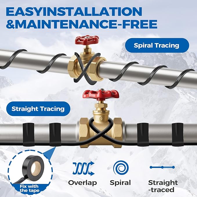 5W/FT 120V Pipe Heat Tape 6FT (3FT-200FT) - Freeze Protection Heating Cable for Metal/Plastic Water Pipes, Maintains Flow at -40°F