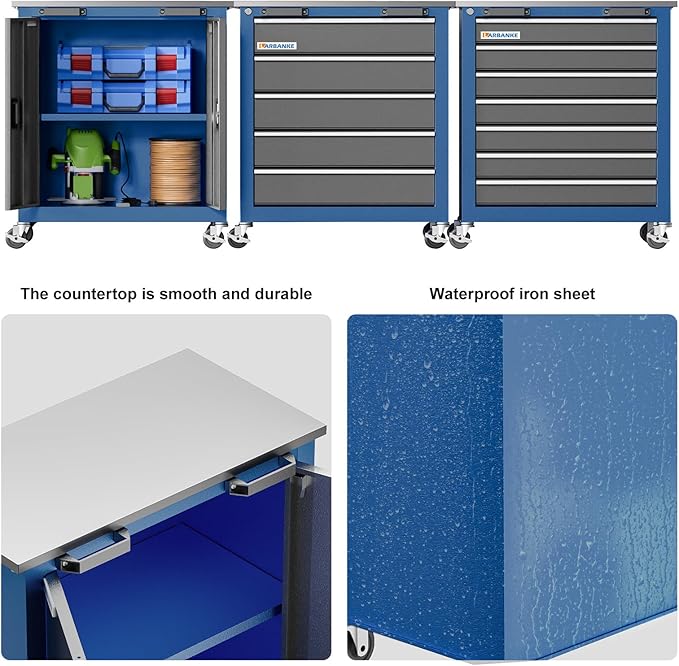 Tool Chest with Wheels and 4 Pad Feet,Tool Chest with 2 Doors and Adjustable Shelves,Lockable Steel Chest for Garage,Home and Office,can be Combined to Large Cabinet Set