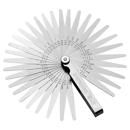 Spurtar Feeler Gauges 0.001-0.04" (0.03-1.00mm) 32 Blades Tapered Feeler Gauge Set Stainless Steel Dual Marked SAE and Metric for Measuring Gap Thickness or Width for Spark Plug, Valve, Piston, Guitar