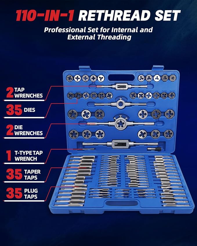 110PCS Tap and Die Set, Metric Tap and Die Rethreading Kit, Thread Chaser Set for Cutting External and Internal Threads,Metric Size M3 to M16 with Storage Case (Pakage)