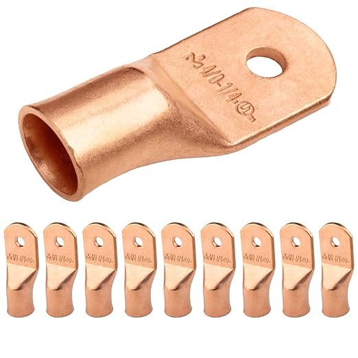 SELTERM 10pcs 4/0 AWG - 1/4" Stud - Battery Lugs, Heavy Duty Wire Lugs, Ring Terminals, Battery Cable Ends,0000 Gauge Terminals, UL Bare Copper Eyelets Electrical Battery Terminal Connectors