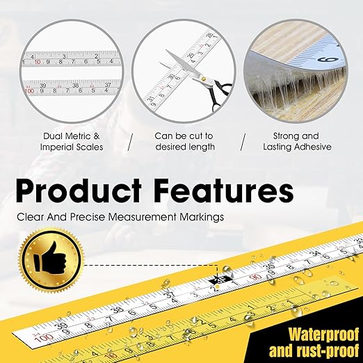 Adhesive Measuring Tapes,Steel Self Tape Measure,1/2" Wide Imperial & Metric Ruler Sticker, Stick On Table Saw and T Track for Woodworking, Drafting (Yellow, Right to Left 78" 2PCS)